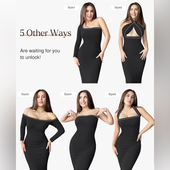 Popilush Long Sleeve Midi Dress Bodycon Shapewear Tummy Control Built-in Bra - Picture 3 of 8